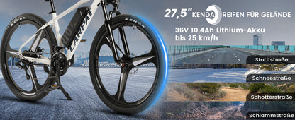 27,5" E-Mountainbike im sportlichen Design für Erwachsene, 36V 10.4Ah, 21-Gang