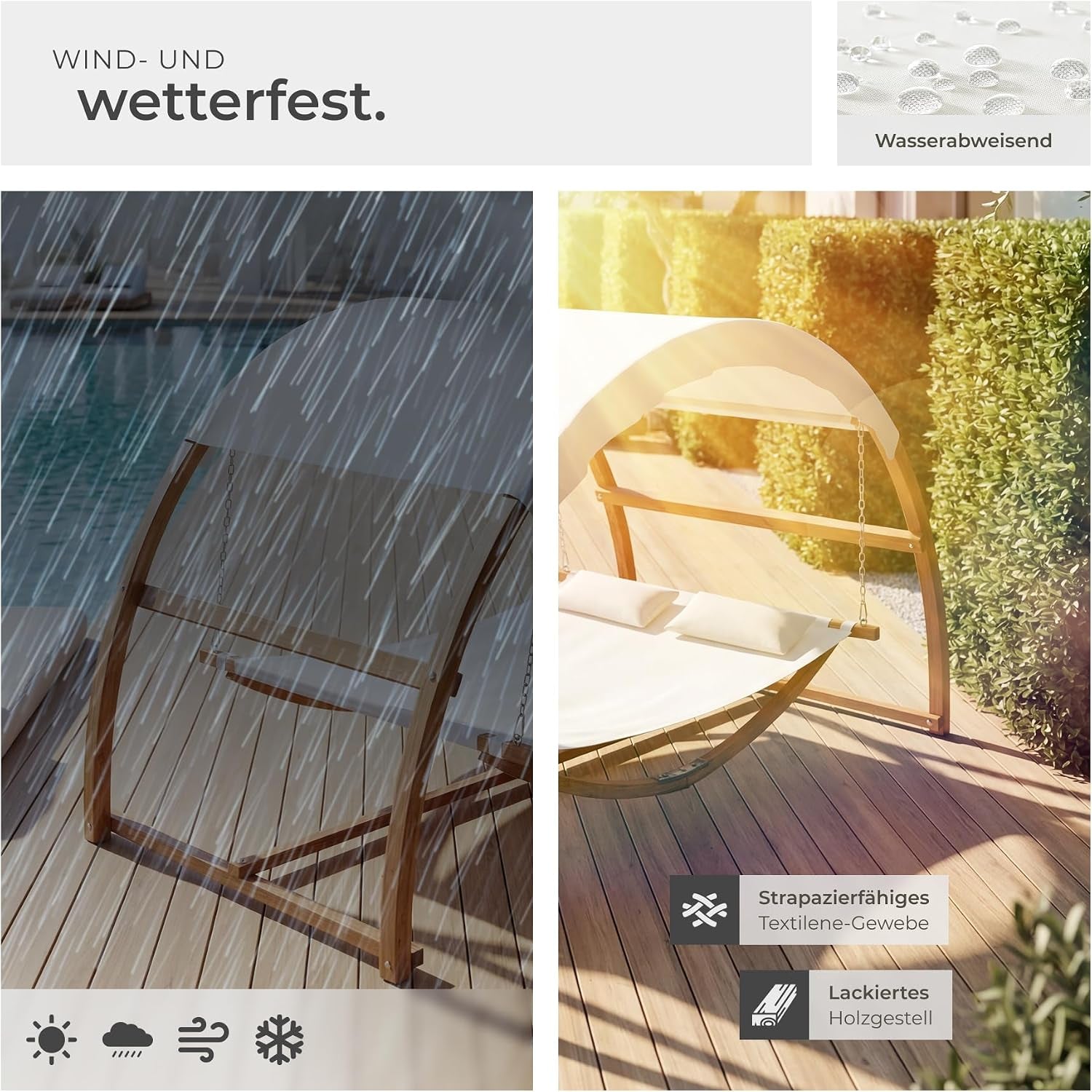 Tectake® Doppel Hängematte Mit Gestell, 328 X 160 X 172 Cm, Hängematte Mit Dach Für 2 Personen, Belastbarkeit 250 Kg, Doppel Sonnenliege, Sonnenliege Holz, Gartenliege Holz, Wetterfest, Inkl. 2 Kissen